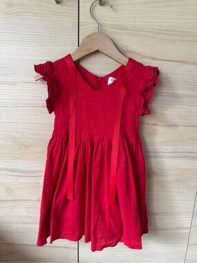 Girls' Red Ruffle Sleeve Casual Dress with Ribbon Detail